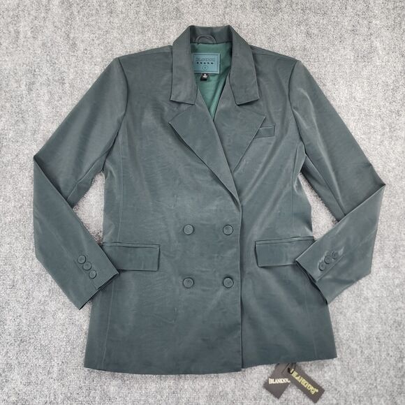 BLANKNYC Blazer Womens Small Green Vegan Faux Leather Double Breasted Pockets - Picture 1 of 16